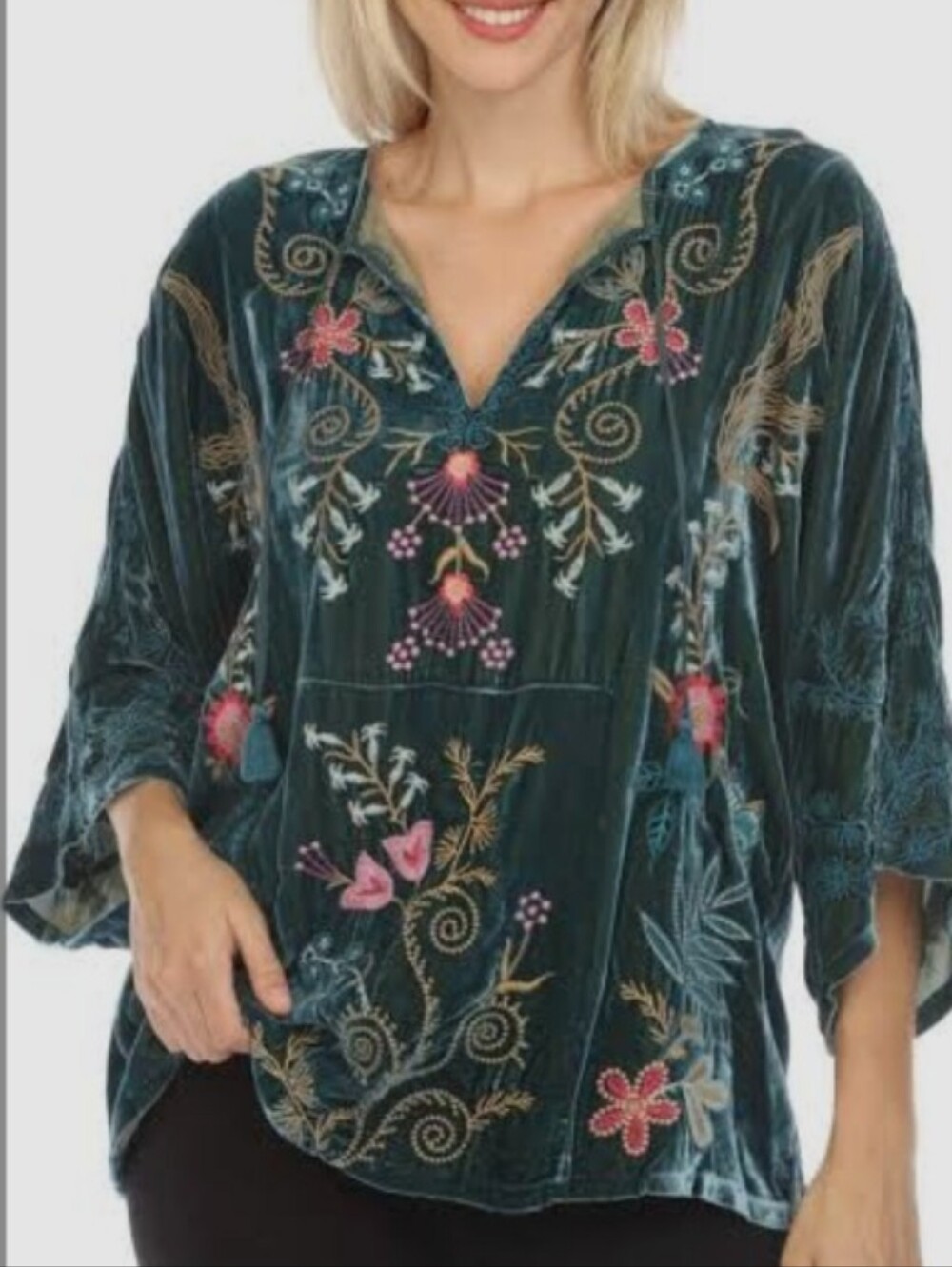 Johnny Was Emerald Green Embroidered Velvet Tunic Size Small